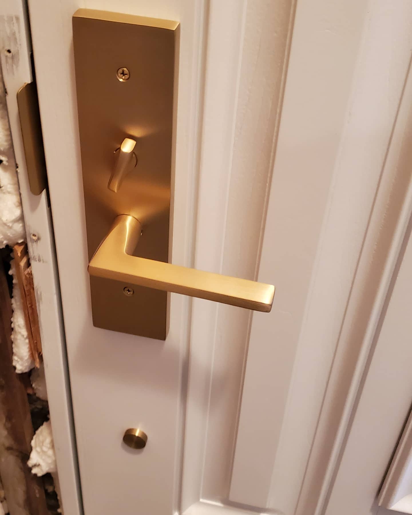 Modern brass entry handle installed on a white door